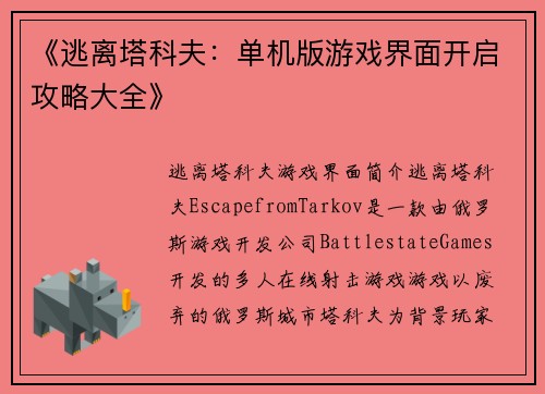 《逃离塔科夫：单机版游戏界面开启攻略大全》